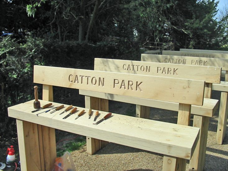 Park Benches with Hand Carved Lettering