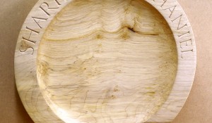 Christian names and Roman Numeral Date hand carved around rim edge of Wooden Platter