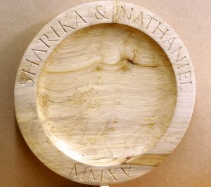 Christian names and Roman Numeral Date hand carved around rim edge of Wooden Platter